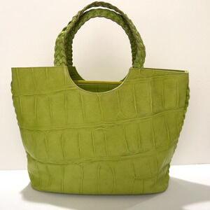 Falor Lime Green Croc Embossed Leather Tote Bag Braided Handle Italy